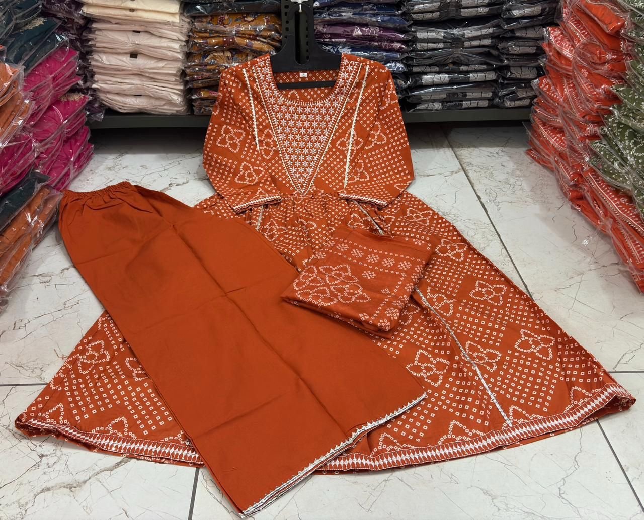 Orange Cotton Embroidered 3-Piece Suit Set